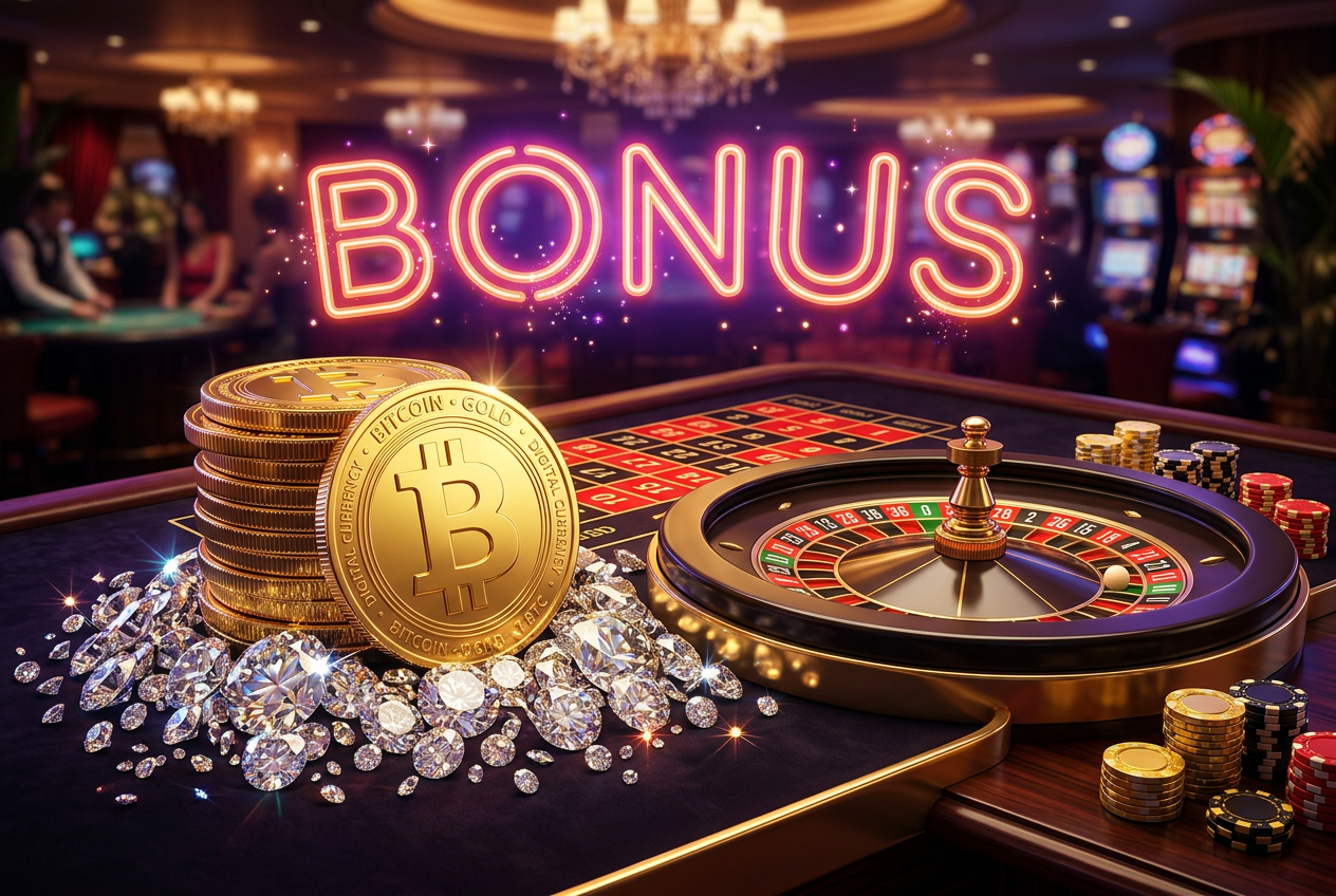 Artystyczna wizualizacja bonusu kryptowalutowego ze złotymi monetami Bitcoin