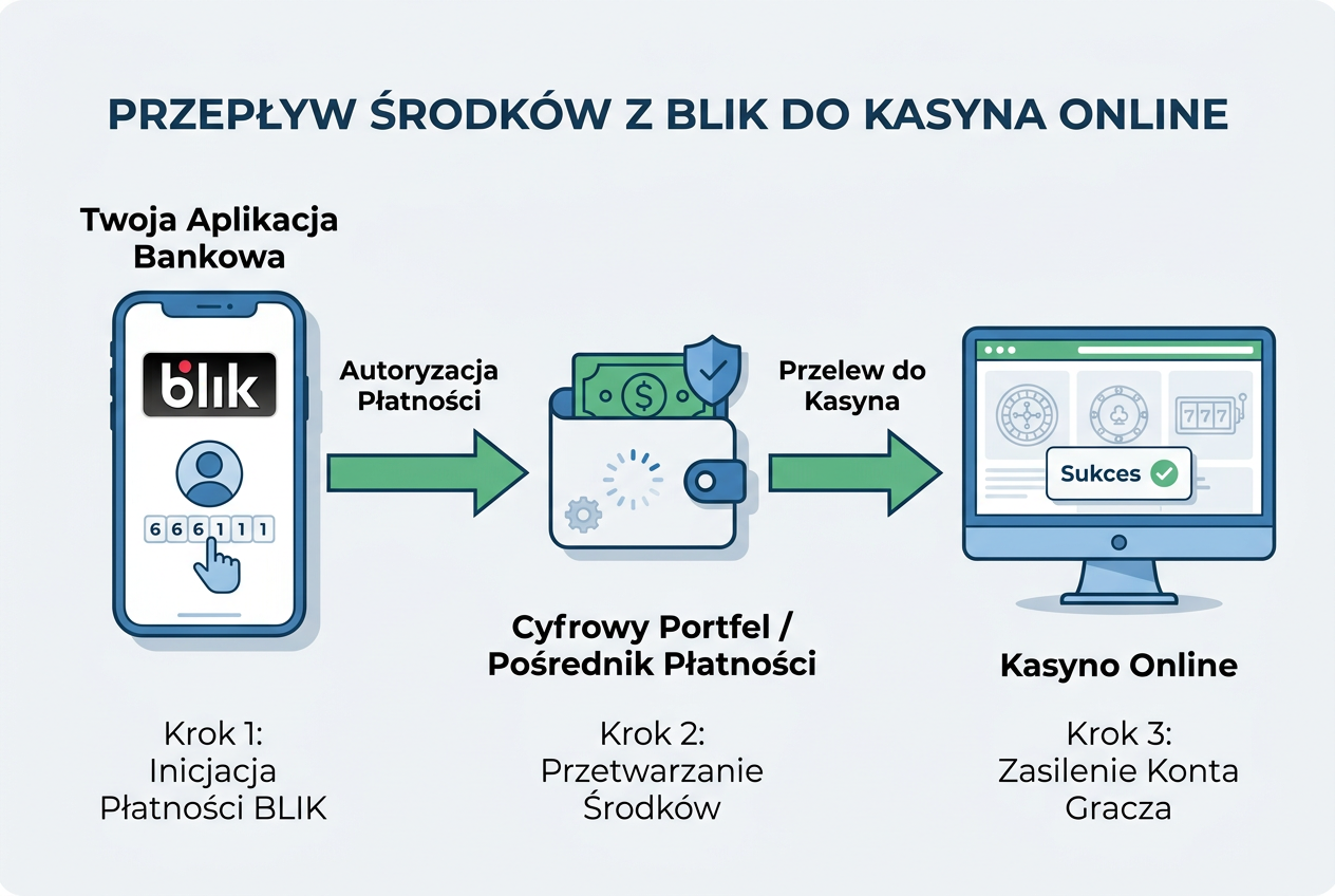 Infografika przedstawiająca proces wpłaty BLIK przez portfel elektroniczny do kasyna