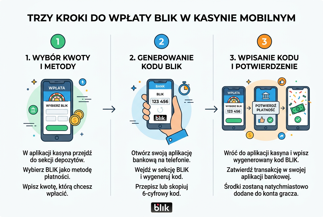 Infografika pokazująca proces wpłaty depozytu przez BLIK w trzech krokach