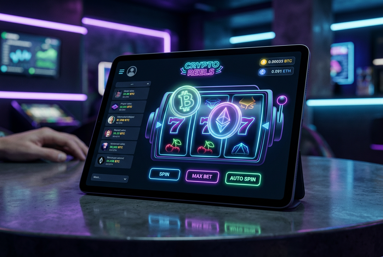 Nowoczesny interfejs kasyna kryptowalutowego prezentujący saldo w Bitcoinach na tablecie