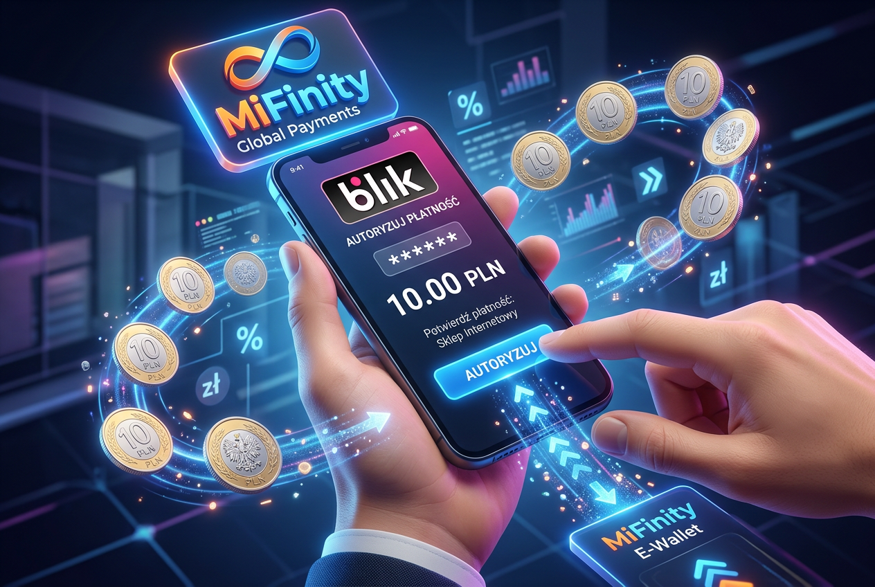 Infografika przedstawiająca proces wpłaty depozytu BLIK przez e-portfel MiFinity w kasynie online