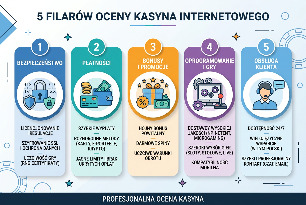 Metodologia oceny kasyn online - infografika pięciu filarów bezpieczeństwa i jakości