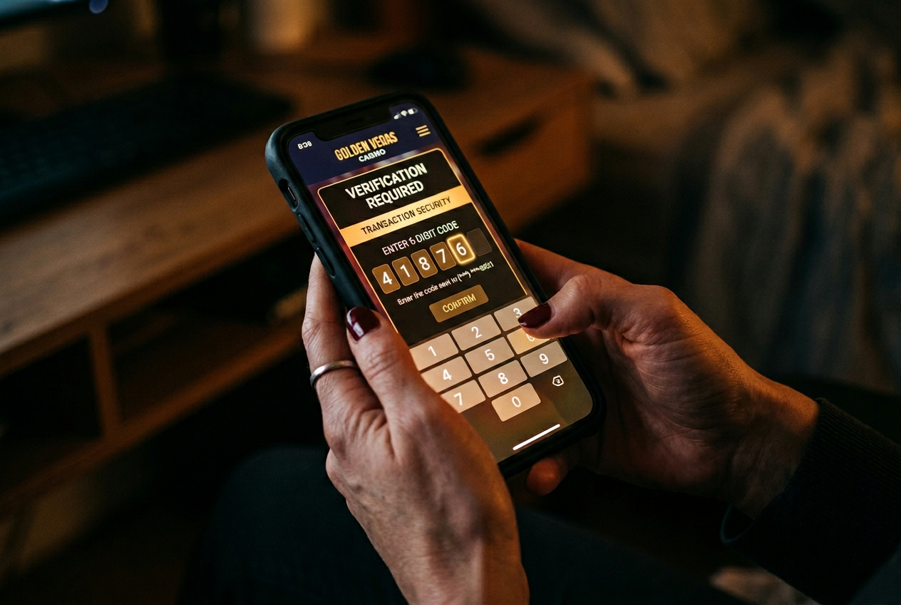 Gracz wpisujący kod autoryzacji SMS na smartfonie w celu zasilenia konta w kasynie online